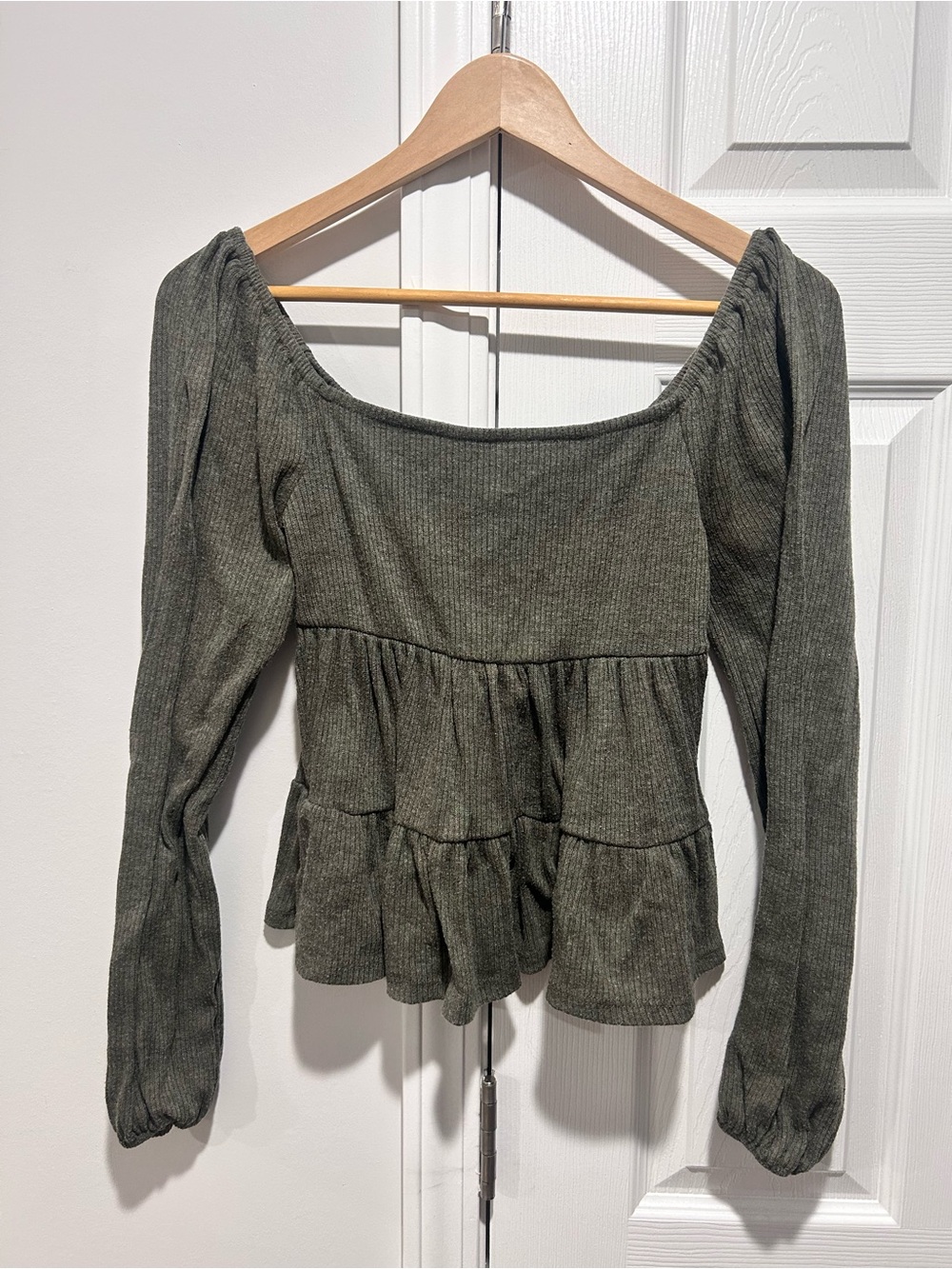 Altar'd State Olive Green Ribbed Peplum Long-Sleeve Top